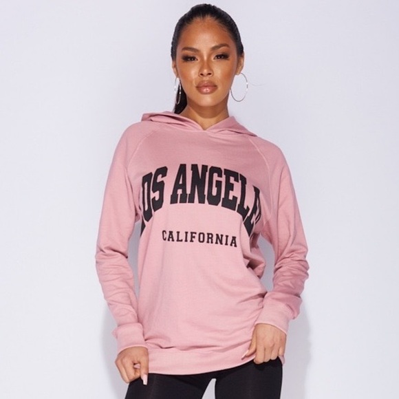 Tops - Pink Los Angeles Print Long Sleeve Oversized Hoodie Hooded Sweatshirt Top